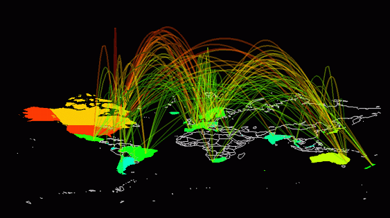 arc map of Internet traffic flows between nations