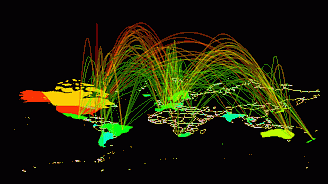 arc map of Internet traffic flows between nations